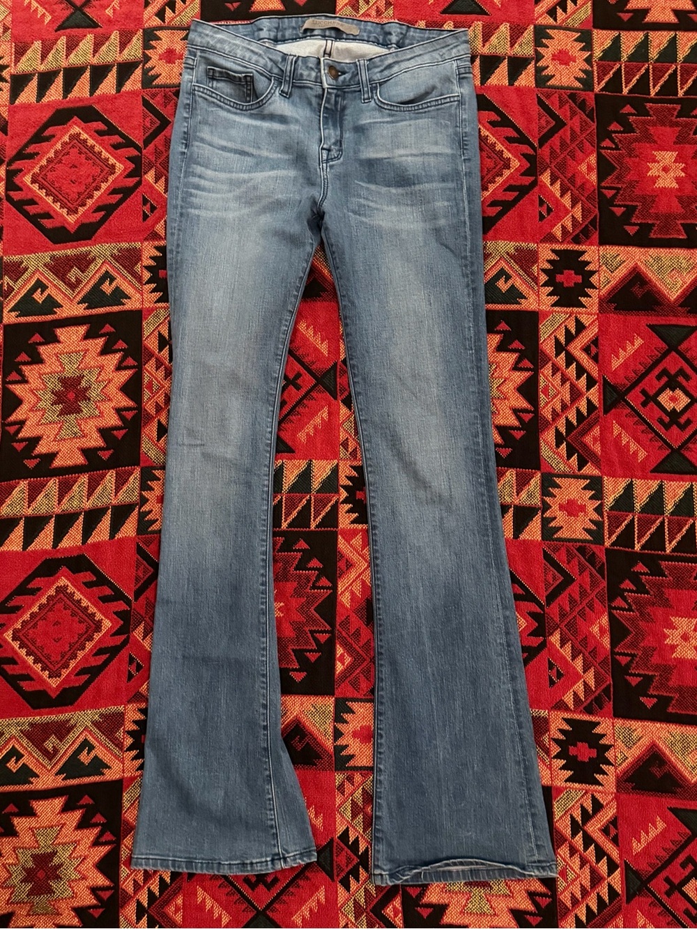 Lucchese Womens Flare Bootcut Blue Jeans Low Rise Stretch SZ 28 TALL USA Western